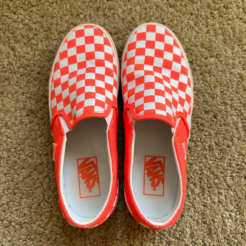 Vans Neon Coral Checkered Slip Ons